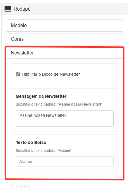 Imagem exibindo as opções de habilitar a newsletter, no painel do tema Mercurius.