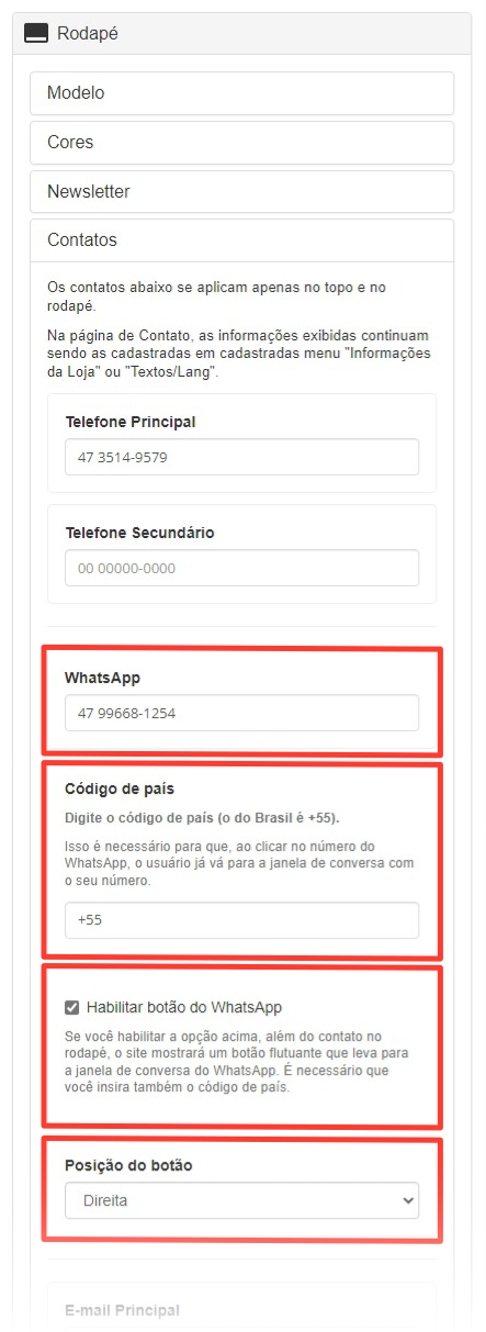 Imagem exibindo as opções do botão do Whatsapp, no painel do tema Mercurius.