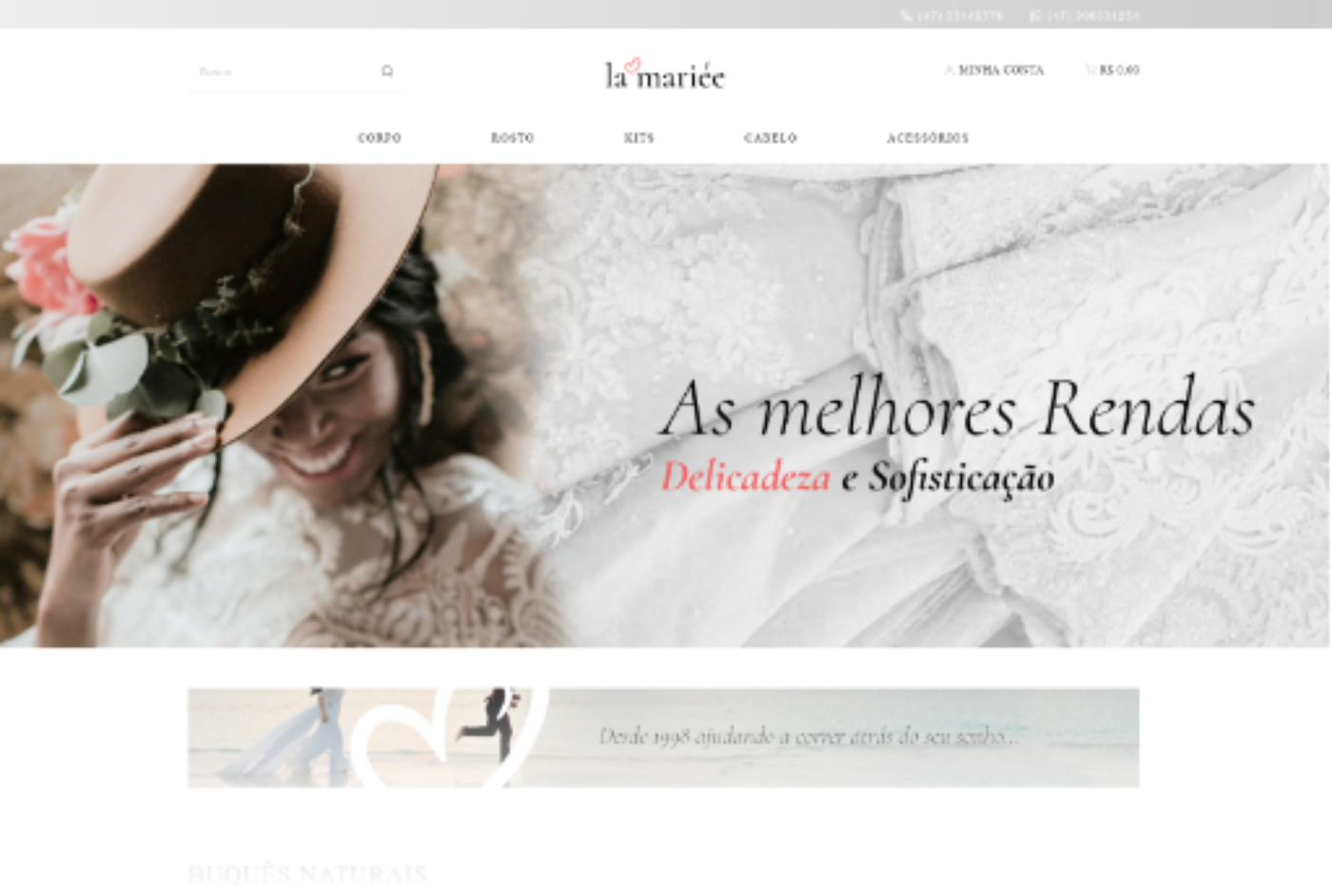 Imagem exibindo o exemplo personalizado do tema Amabile, de uma loja de produtos para noivas.