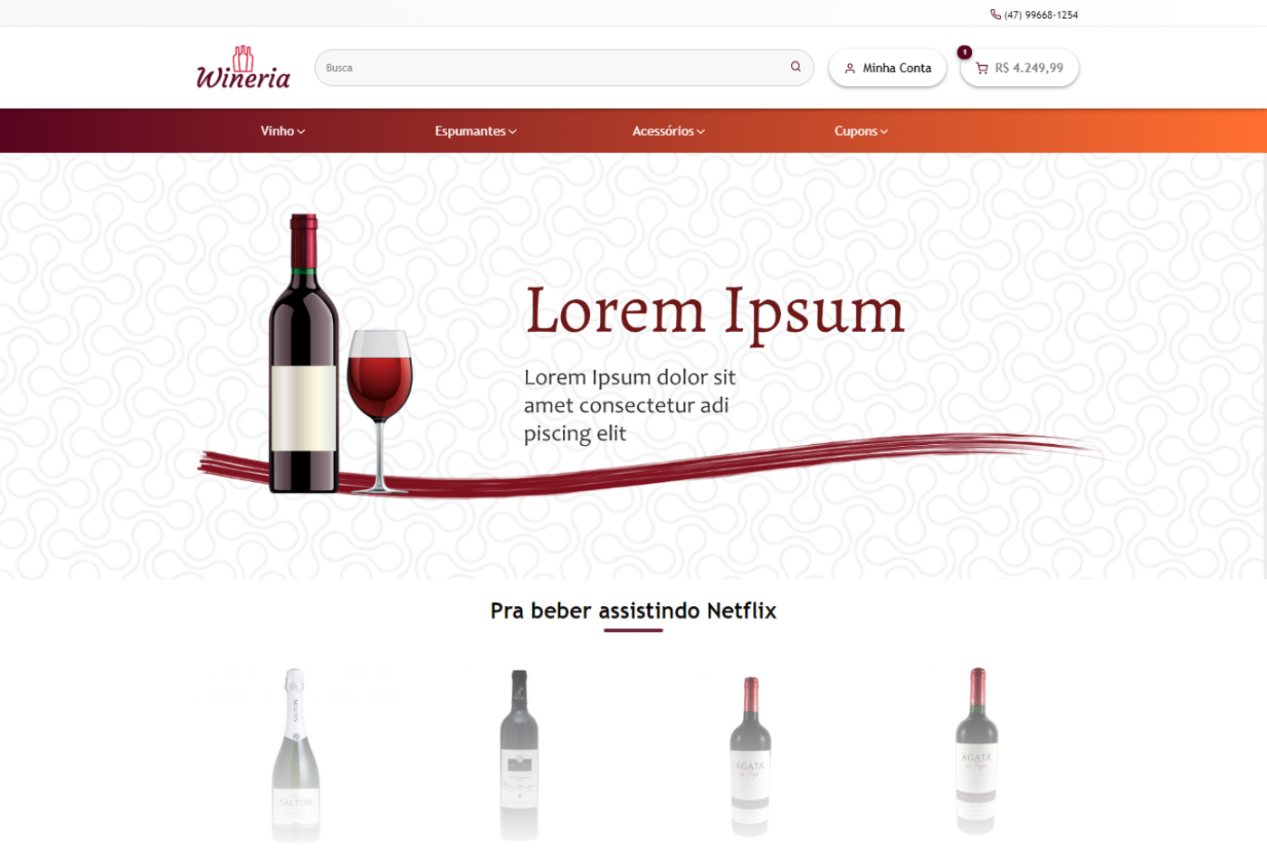 Imagem exibindo o exemplo personalizado do tema Presto, de uma loja de vinhos.