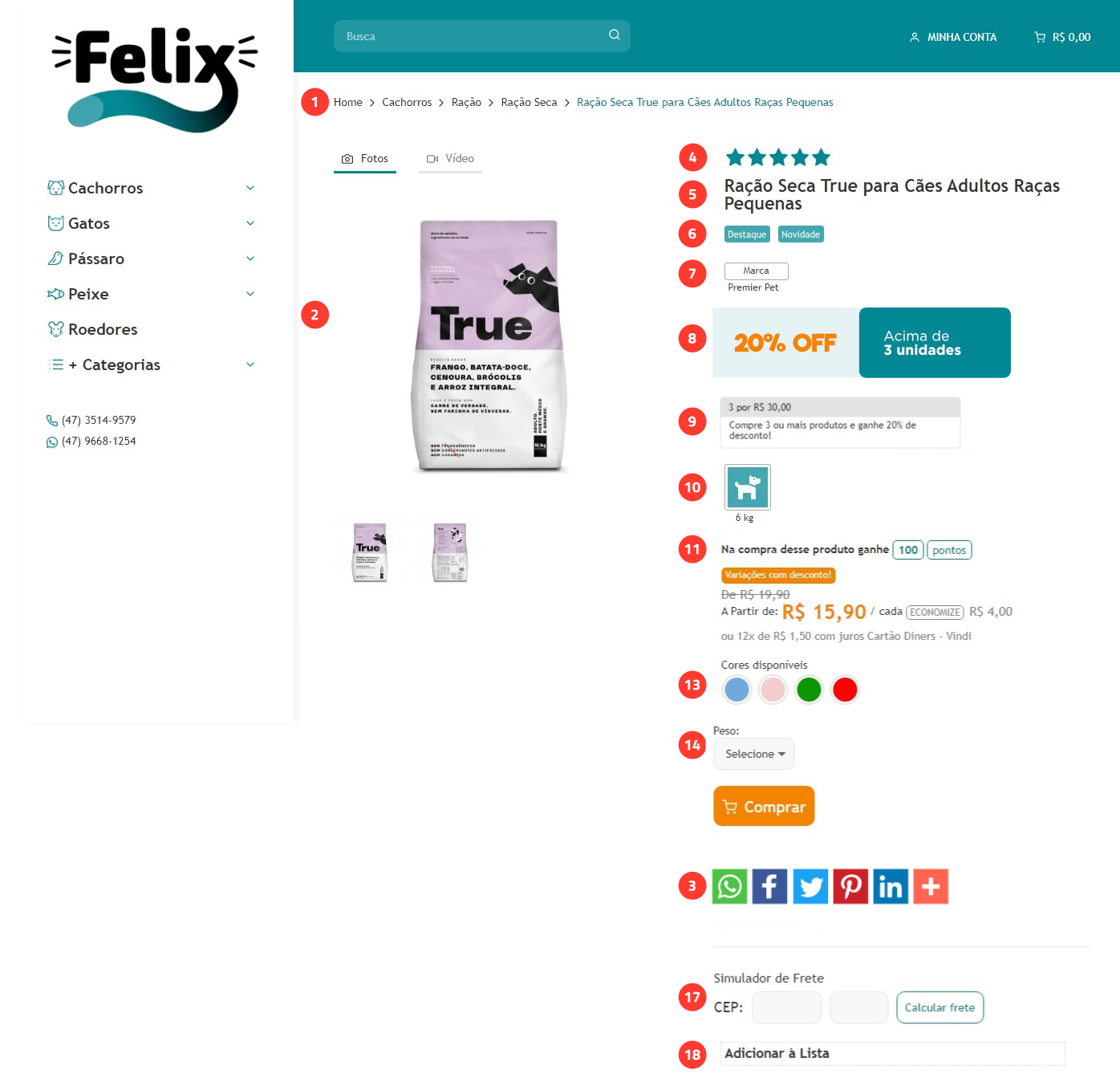 Imagem numerada exibindo as estruturas da página de produto, do tema Felix.