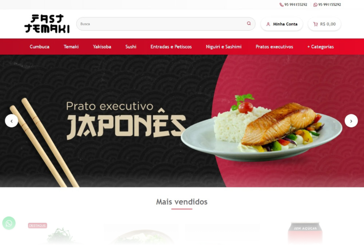 Imagem exibindo o exemplo personalizado do tema Presto, de uma loja de comida japonesa.