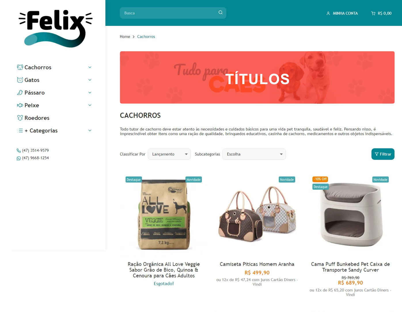 Imagem exibindo a Página de Categoria do tema Felix com todas as posições de banners dessa página.