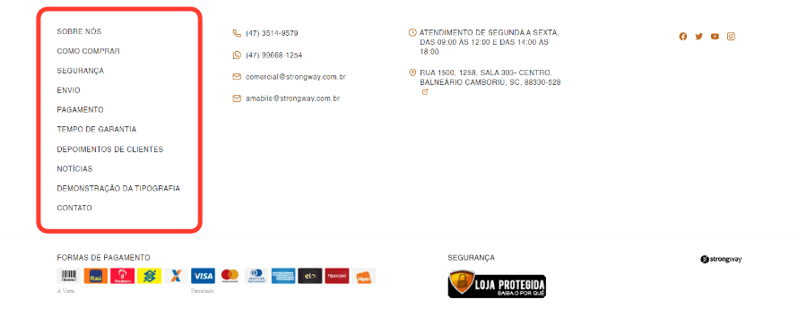 Imagem exibindo o rodapé do tema com destaque a estrutura do Menu de Páginas Internas, do tema Amabile.