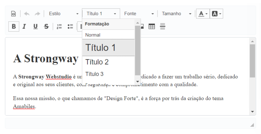 Imagem exibindo o editor de texto da Tray, com o select de formatação aberto mostrando os diferentes níveis de títulos e parágrafos.