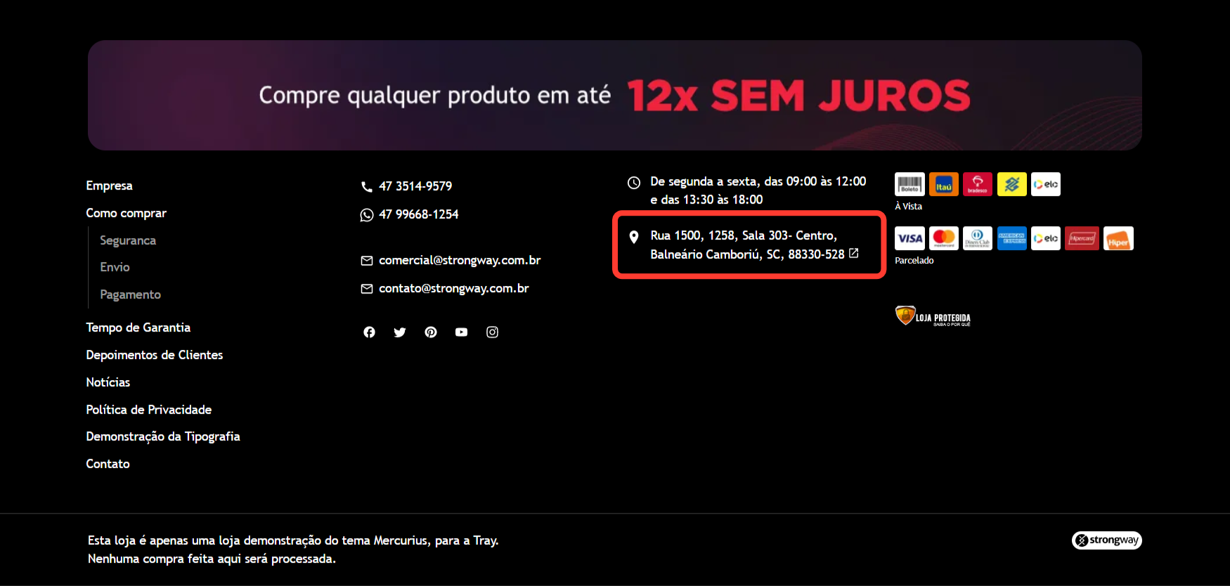 Imagem exibindo o rodapé do tema com destaque a estrutura do Endereço.