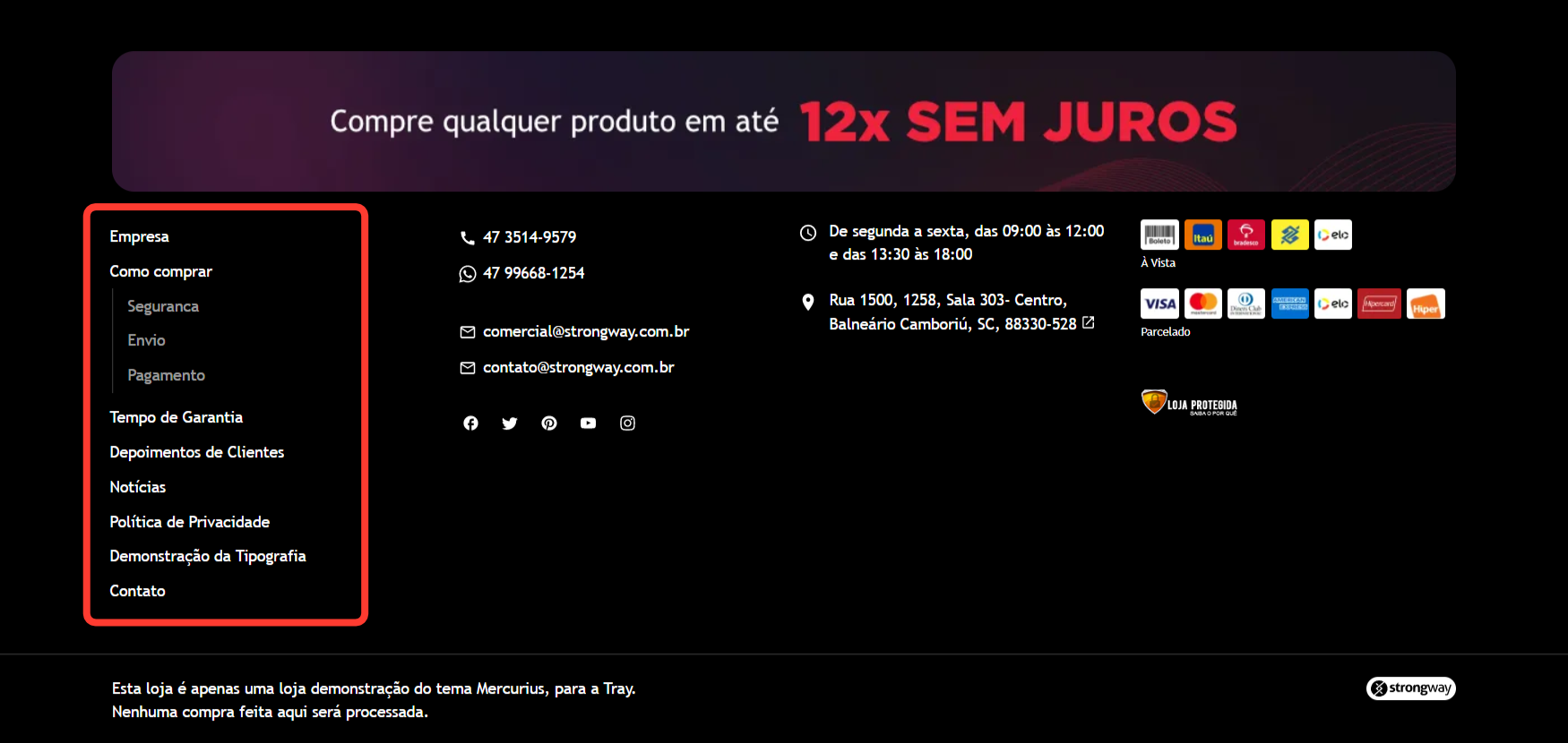 Imagem exibindo o rodapé do tema com destaque a estrutura do Menu de Páginas Internas.