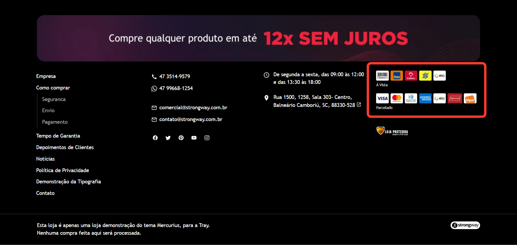 Imagem exibindo o rodapé do tema com destaque a estrutura do Formas de Pagamento.