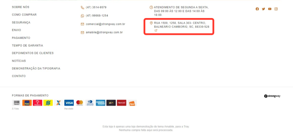Imagem exibindo o rodapé do tema com destaque a estrutura de Endereços, do tema Amabile.