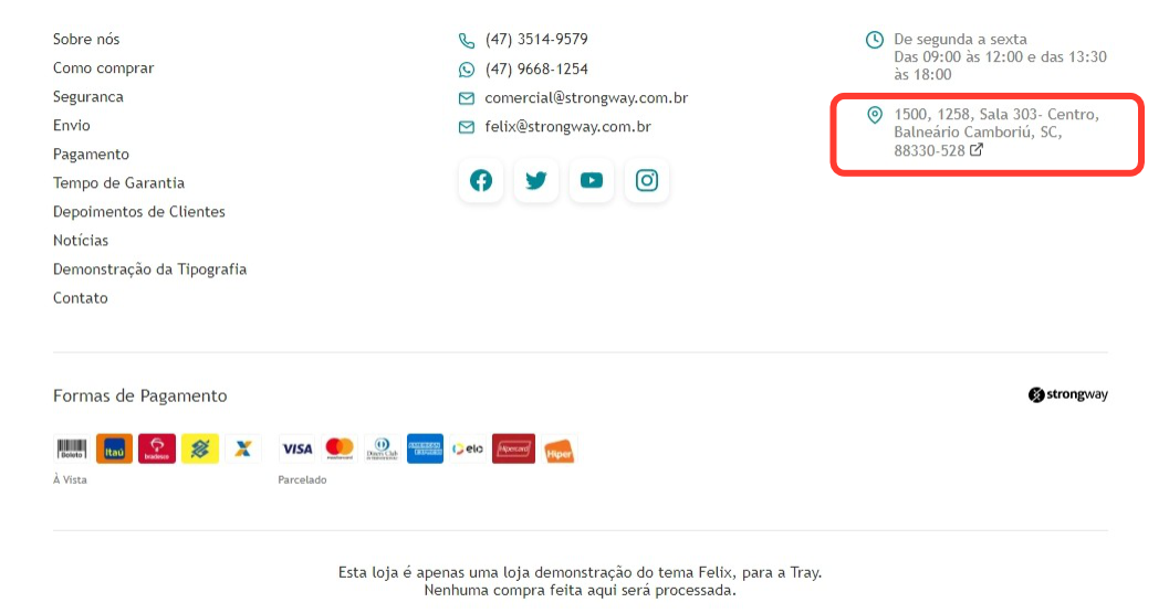 Imagem exibindo o rodapé do tema com destaque a estrutura de Endereços, do tema Felix.