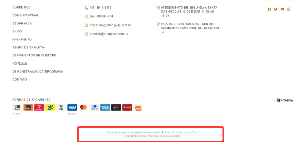 Imagem exibindo o rodapé do tema com destaque a estrutura da Mensagem do Rodapé, do Amabile.