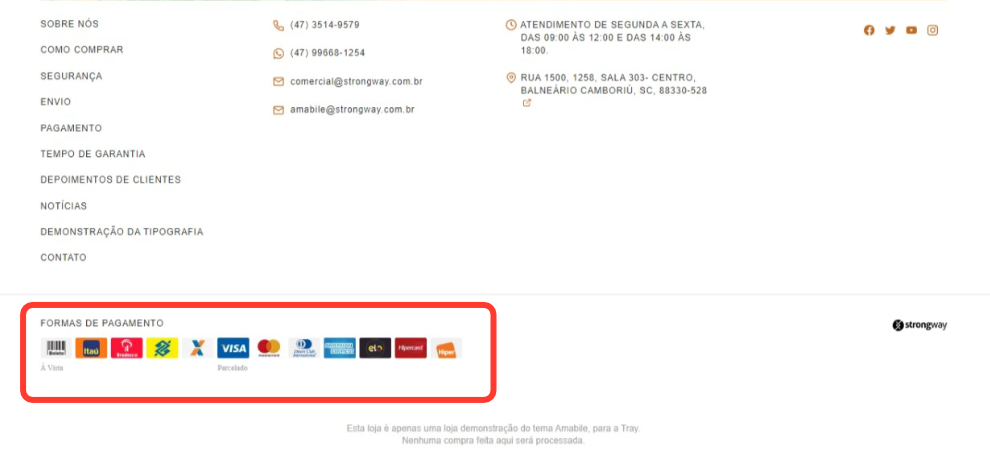 Imagem exibindo o rodapé do tema com destaque a estrutura de Redes Sociais, do tema Amabile.