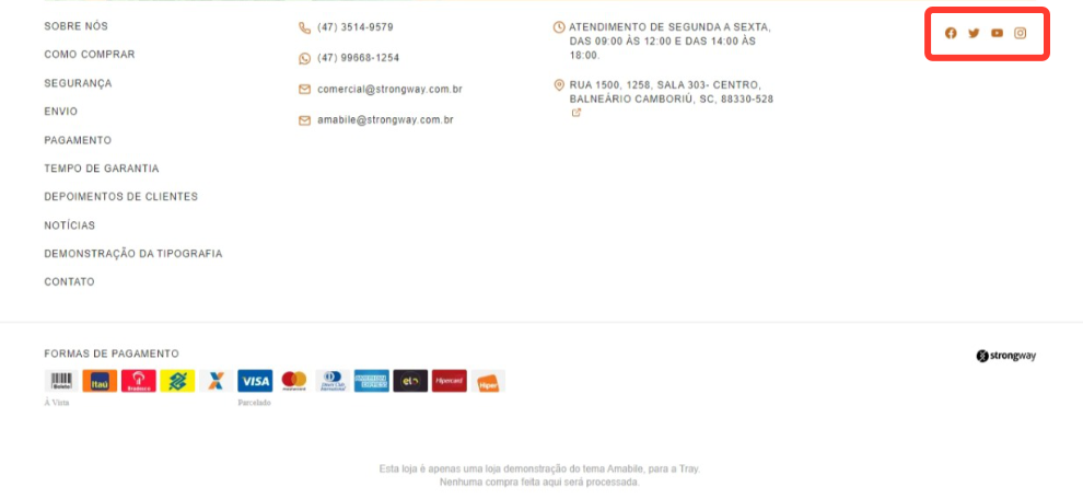 Imagem exibindo o rodapé do tema com destaque a estrutura de Redes Sociais, do tema Amabile.