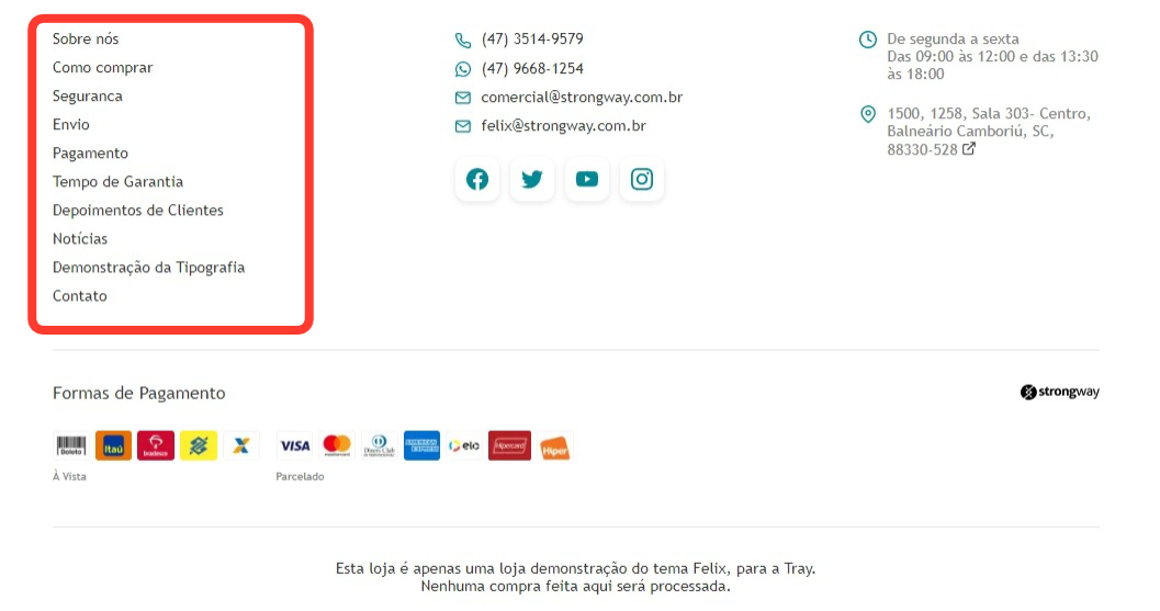 Imagem exibindo o rodapé do tema com destaque a estrutura do Menu de Páginas Internas, do tema Felix.