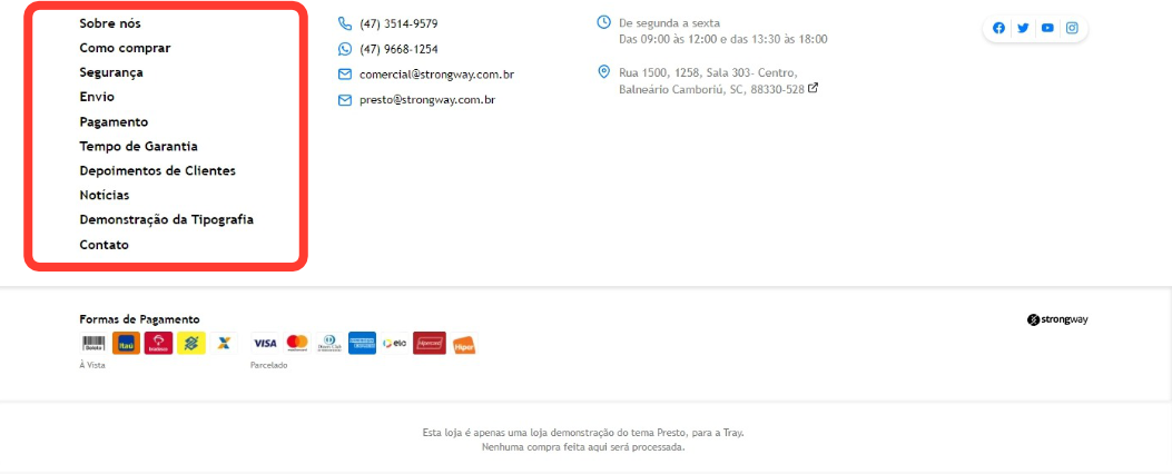 Imagem exibindo o rodapé do tema com destaque a estrutura do Menu de Páginas Internas, do tema Presto.