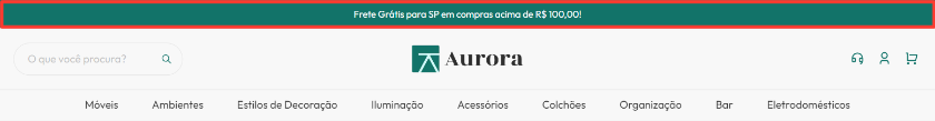 Captura de imagem no topo do cabeçalho do tema Aurora, informando que o frete é gratuito para o estado de São Paulo em compras superiores a R$ 100.