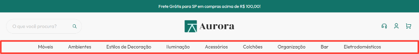 Captura de imagem do menu de navegação com categorias de produtos, do tema Aurora.