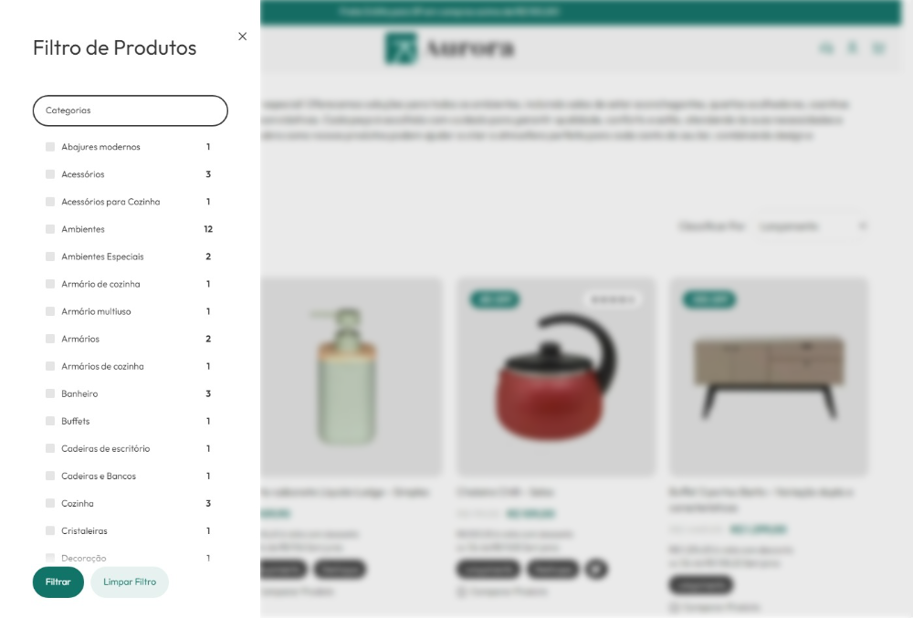 Imagem de captura feita do painel do filtro inteligente do tema Aurora, utilizado para refinar a busca de produtos. O usuário pode selecionar categorias, para encontrar produtos específicos. 