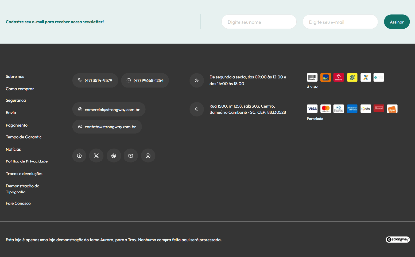 Imagem de captura do rodapé do tema Aurora com informações de contato, formas de pagamento, links para políticas e redes sociais.
