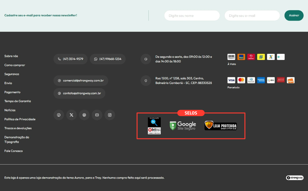Imagem de captura do rodapé do tema Aurora com informações de contato, formas de pagamento, links para políticas e redes sociais, exibindo em destaque, os selos de segurança para lojas online.